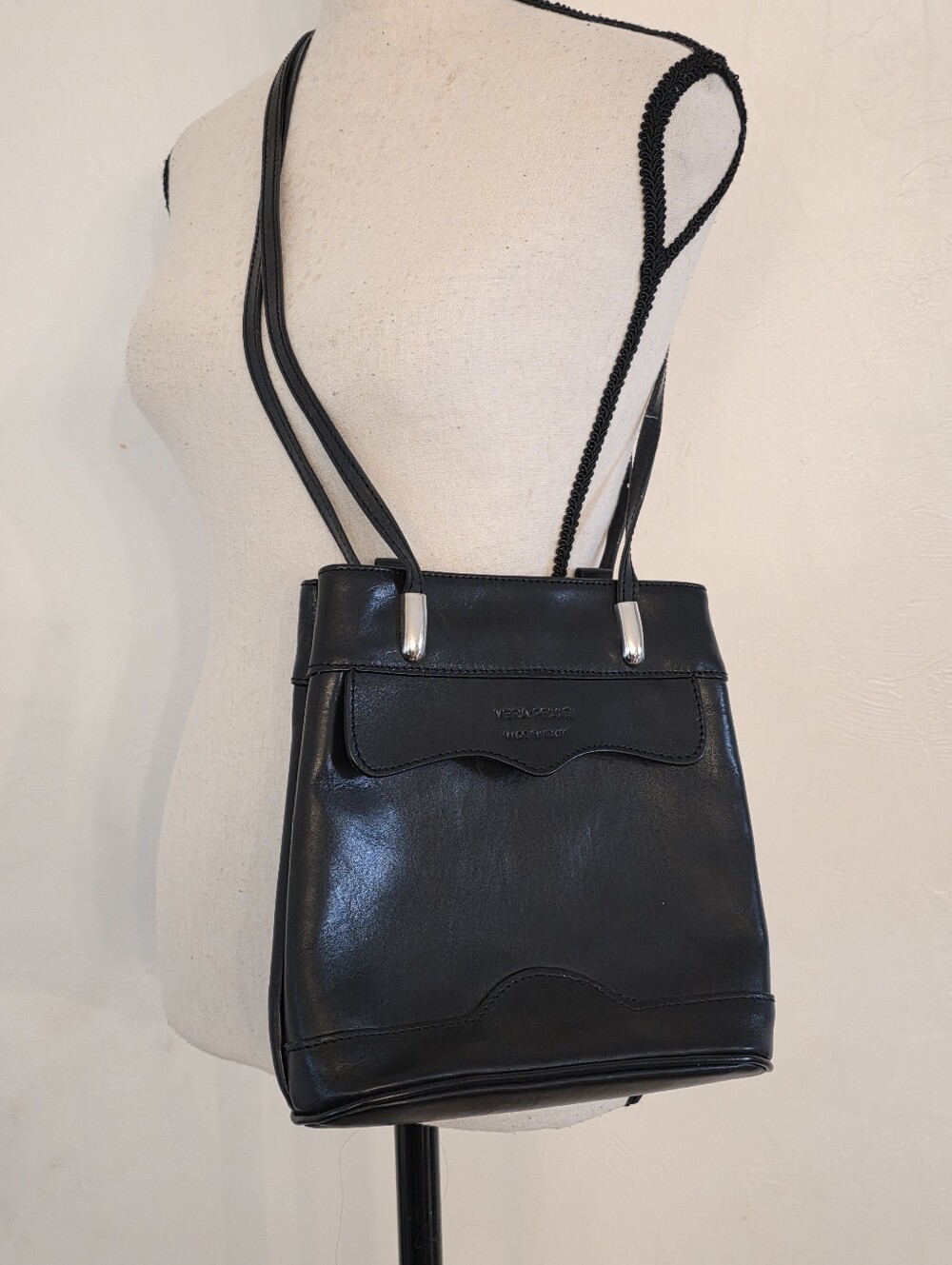 Vintage Vera Pelle Black Leather Convertible Bag – Made in Italy